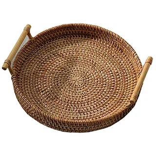 Handgewebte Rattan Serviertablett Rund, Brotkorb Serviertablett mit Griffen, Frühstückstablett Rattan, Küchentablett mit Griff für Kaffee Frühstück Brot Essen Getränke Snacks, 22 * 3 cm