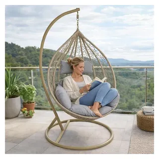 Estexo Hängesessel mit Gestell Polyrattan Hängekorb Rattan Hängestuhl Hängesitz Beige/Grau