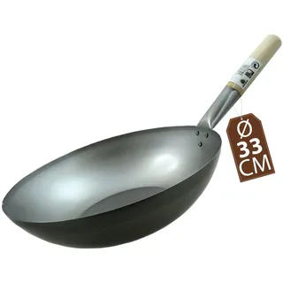 Wok, Asiatische Eisenpfanne, Küchen Wok Ø 33 cm flacher Boden, Holzgriff, Grau