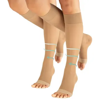 CALZITALY PACK 1/2 Zehenfreie Stützstrumpfe mit Starker Abgestufter Kompression 18-22 mm/Hg | Kompressionsstrümpfe Open Toe | 140 DEN | Made in Italy (2 Pack - Hautfarbe, L/XL) - L-XL