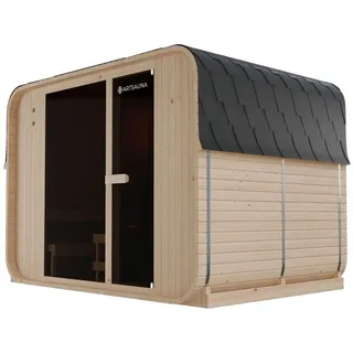 ARTSAUNA® Cube Fasssauna Fjora XXL Natur - Panorama-Sicherheitsglas Front, komfortable Bank mit Trittstufen, 9 kW Ofen, Outdoor Sauna Komplettset für 6 Personen