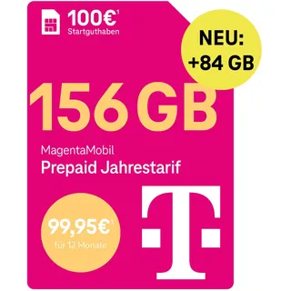 Telekom MagentaMobil Prepaid Jahrestarif 156 GB (13GB/Monat) | 5G/LTE Max & Allnet Flat in alle dt. Netze | unverbrauchtes Datenvolumen weiter nutzen | EU Roaming & Hotspot Flat | 100EUR Startguthaben