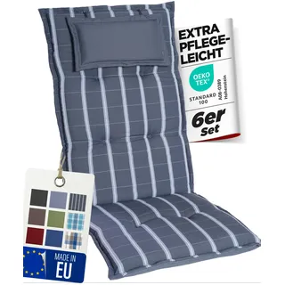 gardisun Gartenstuhlauflagen Hochlehner mit Kopfteil I Extra Dicke Sitzauflagen I Made in Europe I Polsterauflagen für Hochlehner I Auflagen mit extra hohem Komfort I 6er Set I Grau-Kariert