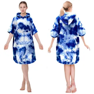 TroHollis Badeponcho,Handtuch Poncho Surf-Ponchoes, Umkleidemantel mit Tasche, Kapuzenhandtuch, Umkleideponchos for Erwachsene, perfekt for Surfen, Schwimmen, Baden, Strandtücher(Blue-White)