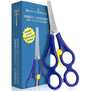 Schwertkrone Kinder - Lernschere 17cm mit Rückholfeder, Übungsschere Kleinkinder Doppelschere Therapeutenschere Helferschere Bastelschere rostfrei