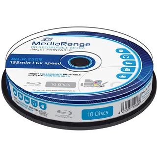 MediaRange BD-R 25GB 6-fache Schreibgeschwindigkeit, vollflächig bedruckbar (Tintenstrahldrucker), 10er Pack, weiß,MR500