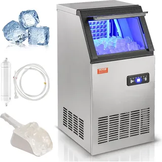 Vevor Kommerzieller Eiswürfelbereiter Eismaschine 45 kg / 24 h, Leichte Würfeleismaschine 12,5 kg Eisspeicherkapazität 45 Stk. Eiswürfel, Edelstahl Eiswürfelbereiter inkl. Wasserfilter & Eisschaufel
