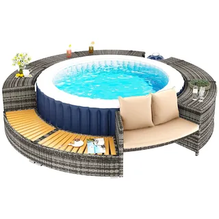 Merax Spa-Pool, Gartenmöbel-Set, Poolumrandung, PE-graues Rattan und Akazienholz, mit Stauraum, Lounge-Set, für Whirlpool und Pool