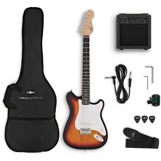 VISIONSTRING E Gitarre mit Verstärker 10W für Erwachsene - Elektrische Gitarren Set mit Gitarrentasche, Plektrum, Gurt, Stimmgerät, Instrumentenkabel - Elektrogitarre 4/4 Sunburst von Gear4music