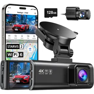 redtiger Dashcam Auto Vorne Hinten 4K/2,5K mit STARVIS 2, Dash Cam Auto Kamera 3,18" IPS-Bildschirm, kostenlose 128-GB-Karte,5.8GHz WiFi, GPS, 170°Weitwinkel WDR, Unterstützt 256 GB Max(F7NP)