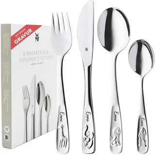 WMF Kinderbesteck mit Namensgravur,Edelstahl, 4-teilig, spülmaschinengeeignet – Geschenk zur Taufe, Taufgeschenke für Mädchen und Jungen, Kinderbesteck mit Gravur