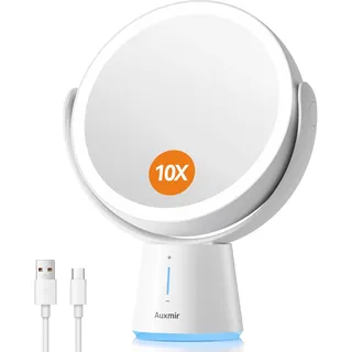 Auxmir Wiederaufladbar Kosmetikspiegel mit Beleuchtung, 1X/ 10X Doppelseitiger Tischspiegel, 2500mAh und 5 Dimmbar Helligkeit, Schminkspiegel mit 52 natürlichen LED Licht für Schlafzimmer Schminktisch