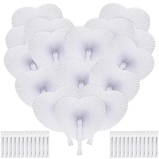 CLTPY 60 Stück Weiße Papierfächer Hochzeit, Stabile Faltfächer Klein zum Bemalen, Handfächer als Hochzeitsdeko & Mitgebsel für Gäste, Weiß