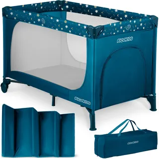 Ricokids Reisebett Baby mit Matratze Klappbar Kinderreisebett Tragetasche 125 x 65 x 78 cm Dunkelblau mit Sternen
