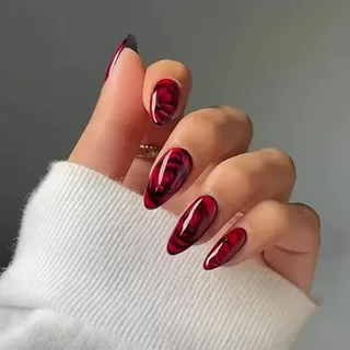 MouyouGlow Press on Nails Kurz,Almond Schwarz Gradient Wein Rot Rose Blumen Floral Design Mandel Short Fake Nails,Black Red Ombre Flower Frühling Herbst INS Künstliche Fingernägel