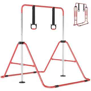 COSTWAY Gymnastikstange Kinder faltbar, Reckstange mit 4 Verstellbarer Höhen & Turnringe, horizontale Turnstange für Indoor & Outdoor, Turnreck erweiterbar für Kinder von 3-12 Jahren (Rot)