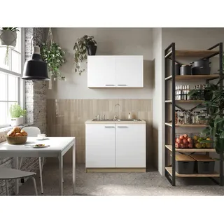 Respekta Merle Miniküche mit integrierter Mikrowelle und Edelstahlspüle, 100 cm, weiß