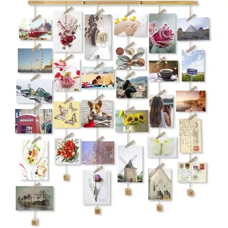 Love-KANKEI Memory Bilderrahmen Collage Fotorahmen Holzbilderrahmen mit 30 Kleinen Holzklammern Ideal Geschenk für Geburtstag Hochzeit Weihnachten usw.