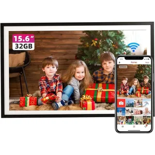 Digitaler Bilderrahmen WLAN, 15,6 Zoll 1920x1080 Elektronischer Fotorahmen Groß mit 32GB, Bilder und Videos Sofort Teilen, Wandmontage Möglich - Weiß/Schwarz
