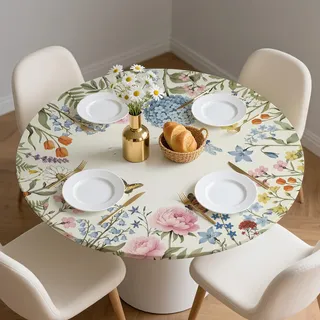 CUTHOLLOW Tischdecke Rund Mit Gummizug Ø52in(132cm) - Blumen Muster - Outdoor Tischdecke Rund Abwaschbar Elastisc, Wetterfest Geblümte Tischdecke Für Garten, Für Tische Von 114,3-132cm Geeignet