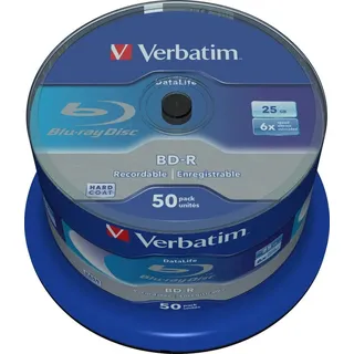 Verbatim BD-R SL Datalife Blu-ray Rohlinge, 25 GB, Blu-ray-Disc mit 6-facher Schreibgeschwindigkeit, Blu-ray-Disks für Video- und Audiodateien, 50er-Pack Spindel, inklusive 100 BD Hüllen