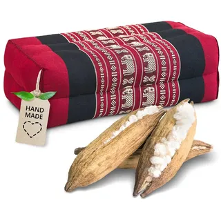 Livasia Block Yogakissen eckig - 17x34x12cm - Meditationskissen mit Kapok, Stützkissen Bolster rechteckig, Yoga Pilates Zubehör Nackenkissen, Thaikissen fest handgefertigt (Rot/Elefanten)