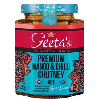 Geeta's Premium Mango & Chili Chutney 230g | Der echte Geschmack Indiens | Hergestellt mit indischen Mangos, Chili & voller aromatischer Gewürze | Glutenfrei, ohne künstliche Aromen oder Farben