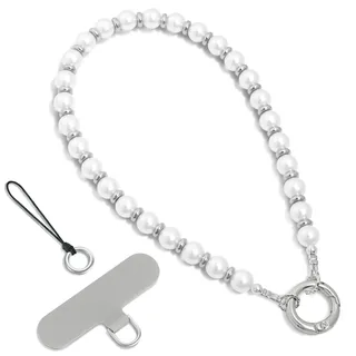 SURPHY Handyband Kurz Perlen aus Premium-Glasperlen Handyanhänger, Perlenbesetzter Handy-Anhänger, Handykette Kurze Phone Charm Handschlaufe Handy, Silberperlen