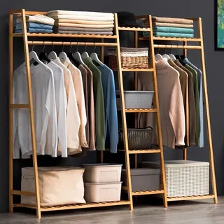 angroups Schwerlast Kleiderständer aus Bambus, Freistehender Garderobenständer, Multifunktional Kleiderstange mit Regal,Garderobe für Schlafzimmer Flur, Einfache Montage,130x40x140cm