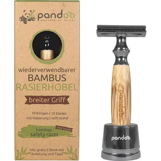 pandoo Rasierhobel mit Halter und Bambus-Griff | Zero-Waste Rasierer | Sicherheits-Rasierhobel | Safety Naßrasierer | Männer und Frauen | geschlossener Kamm - plastikfrei inkl. eBook & 10 Klingen