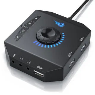 CSL - USB Soundkarte extern - Soundkarte mit Lautstärkeregelung USB Hub - Anschluss für Headset Kopfhörer Mikrofon - Equalizer - Steuerung eines Audioplayers - schwarz