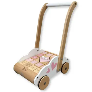 Personalisierbarer Holz-Lauflernwagen Rosa – mit Bausteinen & Schiebefunktion – für Babys ab 12 Monaten – mit Namen personalisiert - Label Label