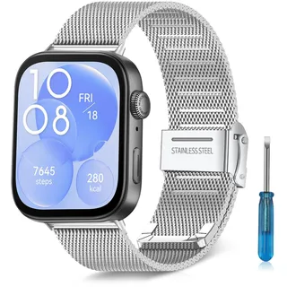 MaEiol Metall Armband für Huawei Watch Fit 3, Edelstahl Armband Uhrenarmband Antikorrosion Rostschutz Langlebig für Huawei Watch Fit 3, Business Damen Herren Armbänder für Huawei Watch Fit 3 - Silber