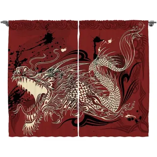 Abakuhaus Gardine Schlafzimmer Kräuselband Vorhang mit Schlaufen und Haken, orientalisch Japanische Drachen Doodle 280 cm x 260 cm