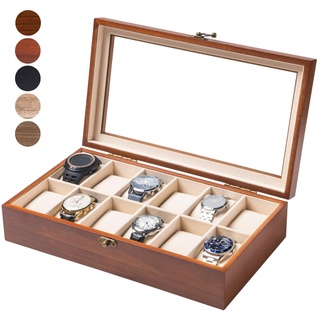 Exper City Uhrenbox, Uhrenetui für Herren und Damen, mit großem Glasdeckel, Holz-Uhrenbox mit 12 Fächern, Walnussholz, Herren-Uhrenbox