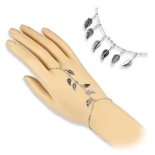 BUNGSA Fußkette und Zehenring Set Handkette Blätter Charms Silber aus Messing Damen (1-tlg), Fingerkette Damen silberfarben