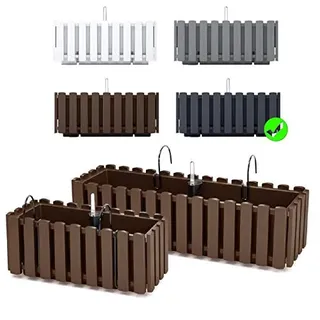 Blumenkasten Blumentopf Balkonkasten Latten-Optik mit Halterungen Wasserspeicher Pflanzkasten Pflanzgefäß inkl. Aufhängung Lattenzaun-Design (580 Anthrazit)