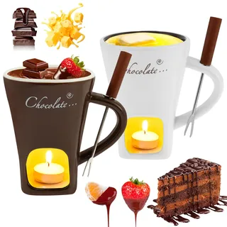 Guniata 2 Stück Schokofondue Tasse,Schokoladen Fondue Becher Set,Keramik Schokoladenfondue mit Gabel,Schokoladenfondue Becher für Käse,Schokolade,Butter und Karamell(2pcs)