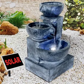 Solar Gartenbrunnen Brunnen Solarbrunnen mit LED-Licht, Zierbrunnen Wasserfall Gartenleuchte Teichpumpe für Terrasse, Balkon, mit Pumpen (Solarbrunnen GRANITSCHALEN-Kaskade mit LED-Licht)