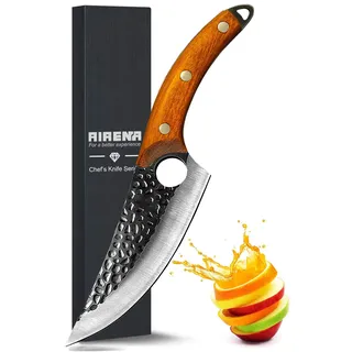 AIRENA Handgeschmiedetes Kochmesser, 5.5' Japanischer Stil Hackmesser, Fleischmesser, Deutscher Kohlenstoffstahl, Outdoor Messer mit Lederscheide und Full-Tang Holzgriff für Home, Camping, Grillen