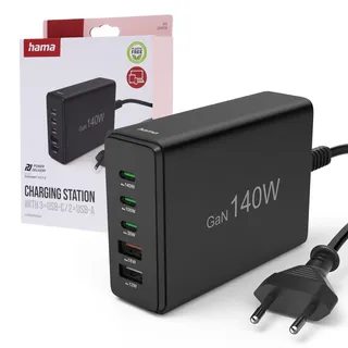 Hama USB-Ladestation Schnellladegerät mit 5 Ports GaN 3 x USB-C 2 x USB-A 140 W
