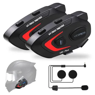 Motorrad Headset mit Gegensprechanlage,VR1 Plus Helm Headset Bluetooth Kommunikationssystem für 2 Personen in Innerhalb von 500m,IP56 Wasserdicht für Sprachanruf Musiksteuerung (2Pack Hard Mic)