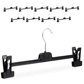 Relaxdays Hosenbügel Kunststoff, 10er Set, Klemmbügel verstellbar, drehbarer Metallhaken, HBT: 14 x 36 x 3 cm, schwarz