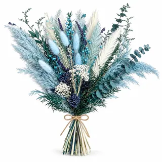 DKINY 52 Stück Natürliche Blau Trockenblumen Set – Boho Deko mit Pampasgras | 13 Sorten 43cm Naturgetrocknet Trockenblumen Tischdeko Für Wohnzimmer, Hochzeit & DIY Boho Schlafzimmer-und Vasen