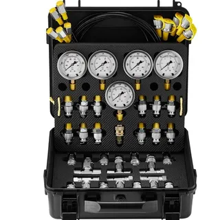 Hydraulikdruck-Testkit - 10/100/250/400/600 bar - 5 Messgeräte - 13 Kupplungen - 14 T-Anschlüsse - 5 Testschläuche - Bagger-Hydraulik-Testmanome...