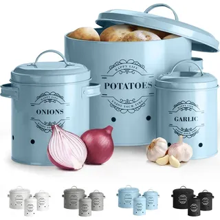 Virklyee Kartoffeltopf, Zwiebeltopf und Knoblauchtopf Belüftet Vorratsbehälter Set, Set of 3 Die perfekte Kombination aus Modedesign (Hellblau o2)