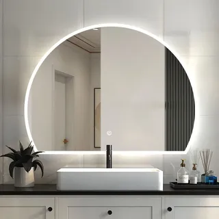 Badspiegel mit Beleuchtung 80×60cm Halbrund 3 Lichfarbe dimmbar Memory Wand/Touchschalter Anti-Beschlag Badezimmerspiegel Spiegel Warm/Neutral/Kal...