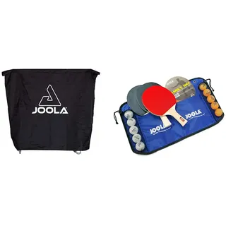JOOLA Tischtennistisch Abdeckung Tischabdeckung Wetterfeste Schutzhülle Outdoor und Indoor, Schwarz, 150 x 160 x 50-80 & Tischtennis-Set Family, 4 Tischtennisschläger + 10 Tischtennisbälle + Tasche