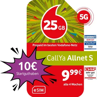 Vodafone Prepaid CallYa S eSIM | 25 GB | 10 EUR Startguthaben | ohne Vertrag | 5G-Netz | Telefon- SMS-Flat | EU-Roaming