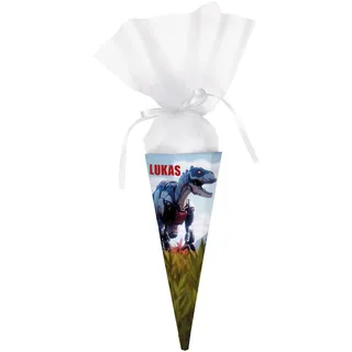 Striefchen® bedruckte Schultüte für Jungen mit verschiedenen Motiven zur Auswahl, 2 Größen, personalisiert mit Wunschname (T-Rex Mech 28 cm)